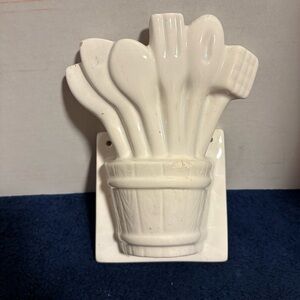 Vintage MCM 9” White Ceramic Wall Hanging - Kitchen Utensils - Retro Decor Art